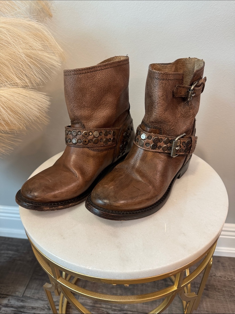 Ash Brown Leather Studded Moto Ankle Boots Size 36